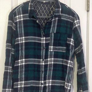 Green & Blue Plaid Flannel Top with Lace Back Panel
